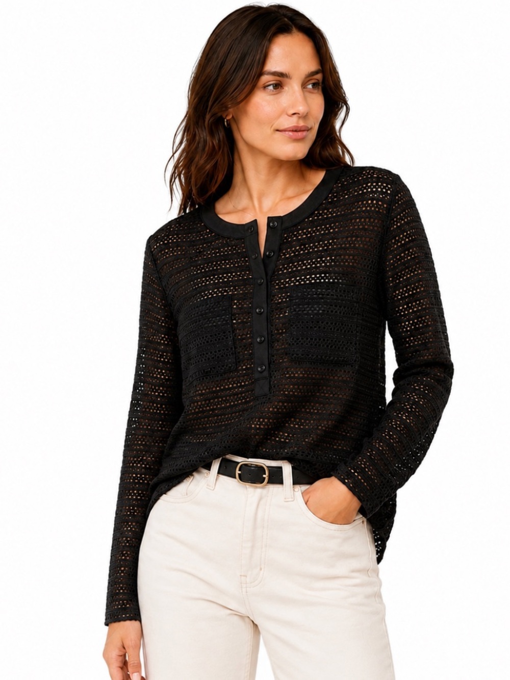 Ann Taylor Black Openwork Mesh Long Sleeve Top Size S